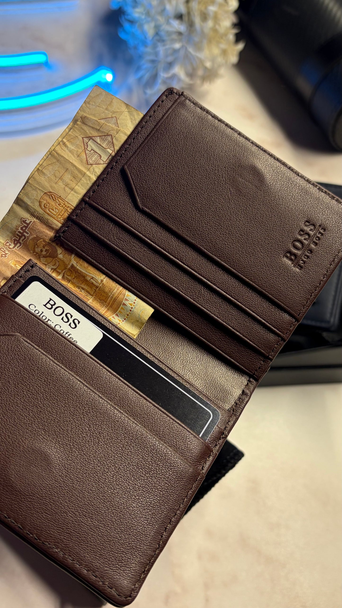 Boss Men’s Bifold Slim Wallet - Magnetic Closure - Brown