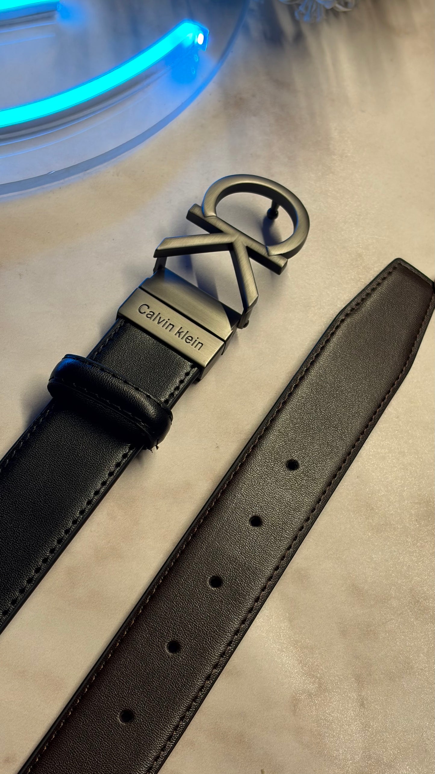 Calvin Klein Double Face Belt For Men - Silver CK Logo Buckle